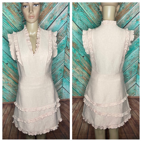 Sandro Paris Flirty Rose Pink Ruffle Trimmed Side Zip Mini Cocktail Dress - Picture 2 of 8